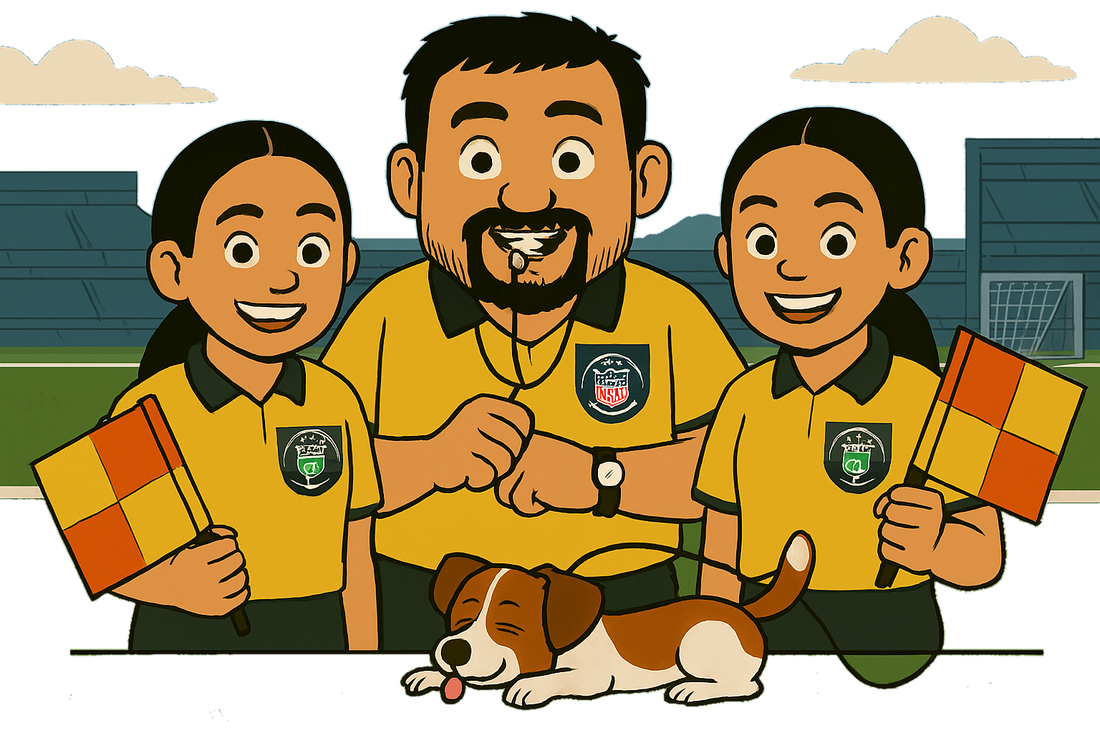 Cartoon family referee crew on the field