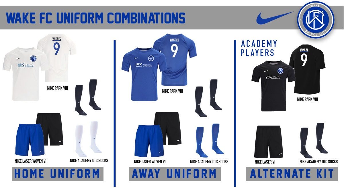 Wake FC uniform combinations - home, away, and academy kits